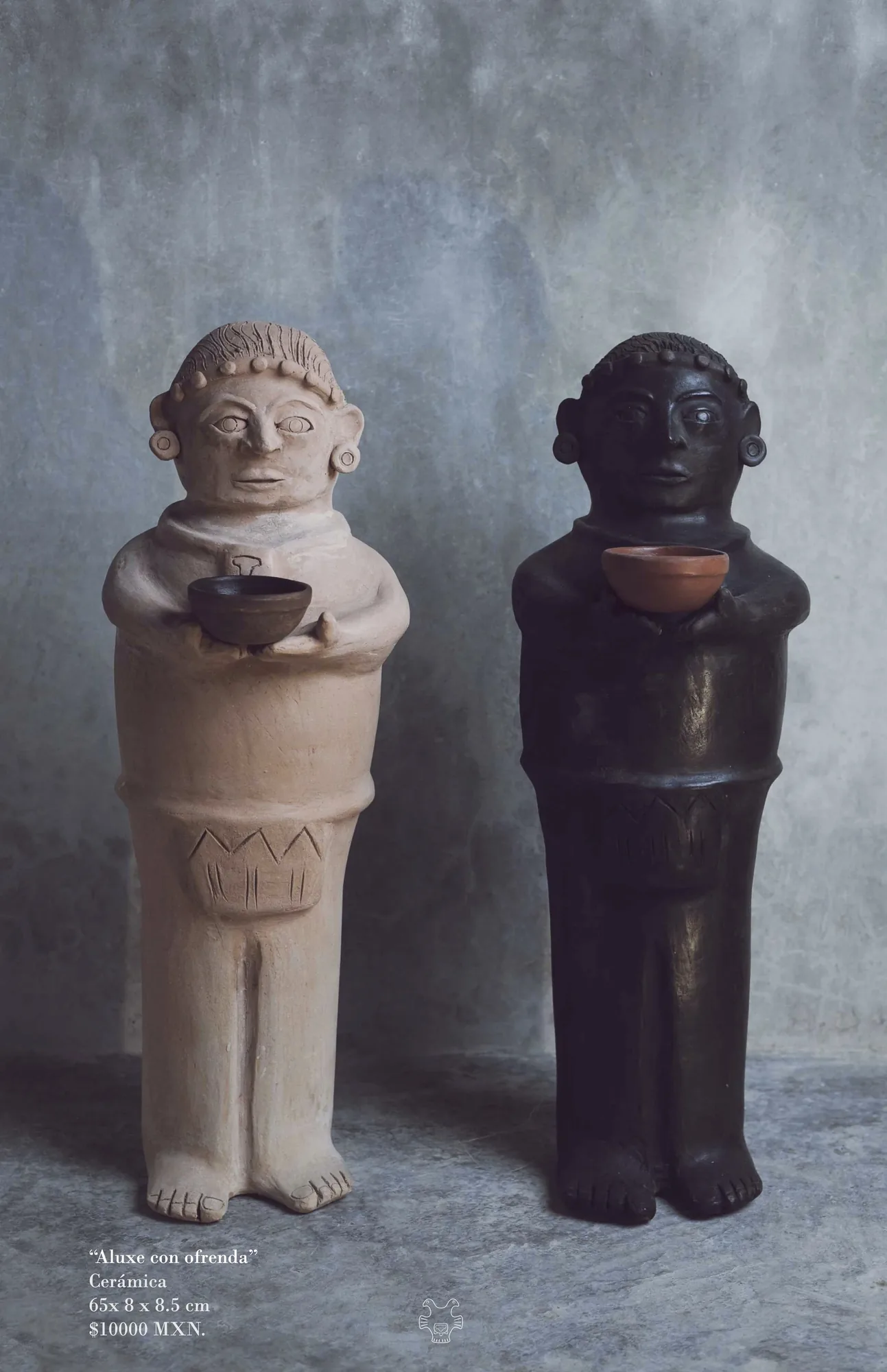 Two ceramic figures holding bowls, made at the Espadas workshop