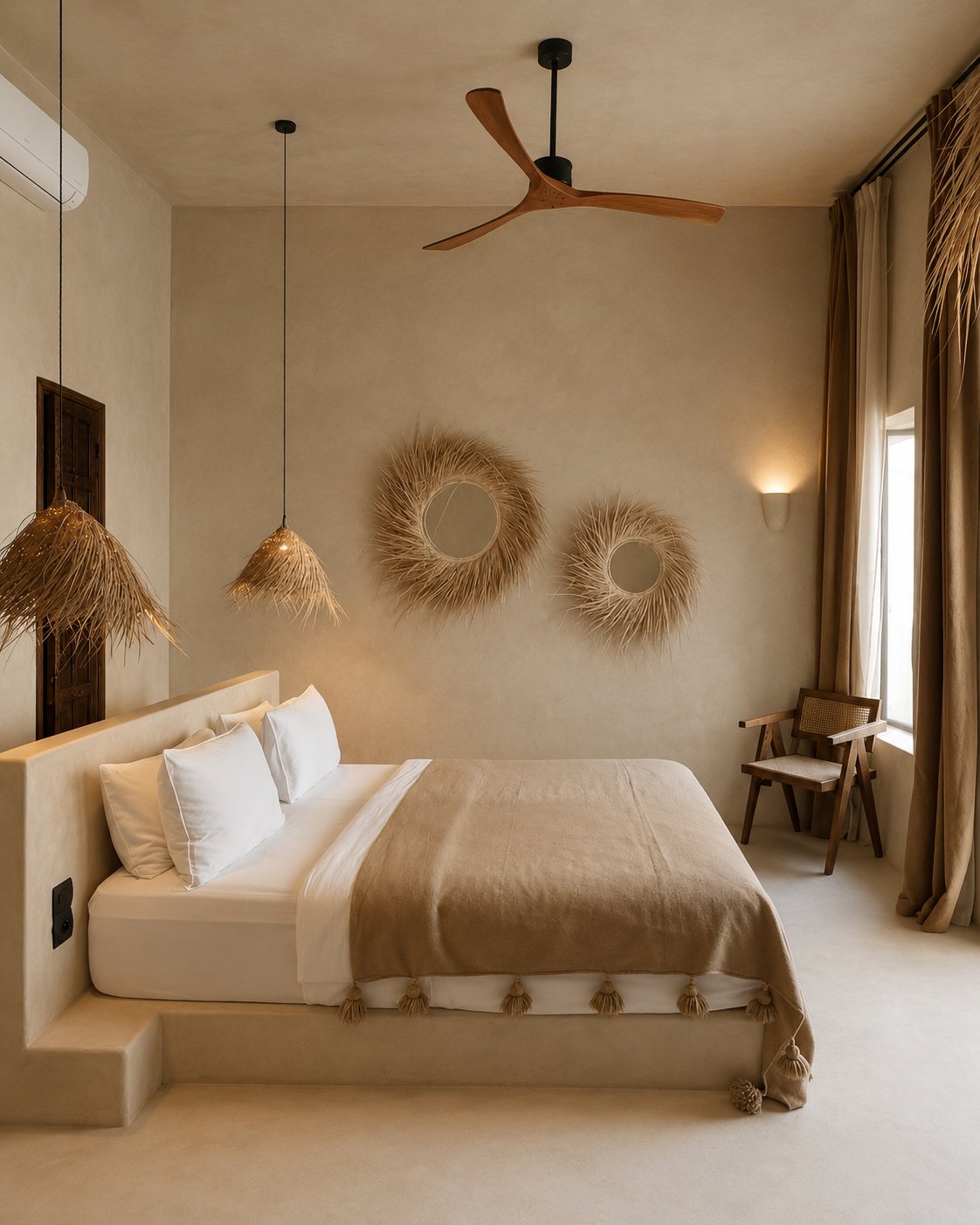Beige Tulum bedroom with chukum walls, a platform bed dressed in neutral linens, woven palm mirrors, straw pendant lamps and a wooden ceiling fan.