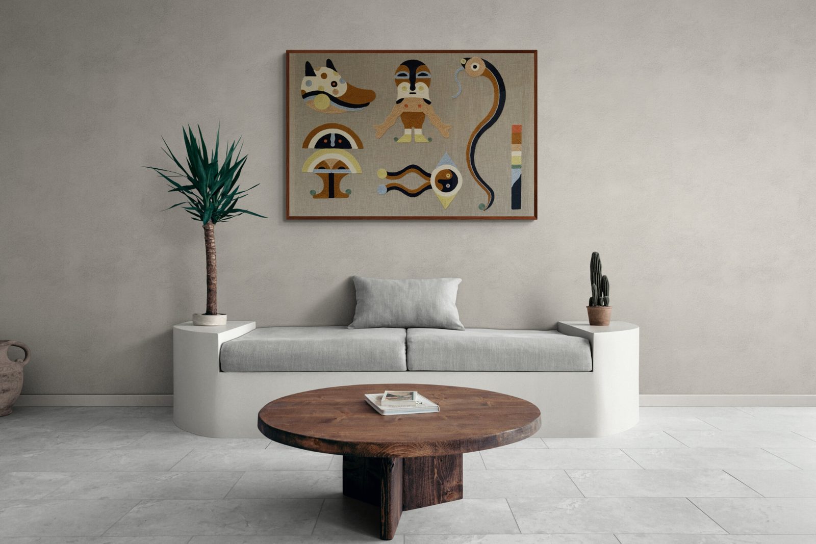 Neutral lounge with chukum walls, built in bench and a large framed artwork of ochre and indigo figures as the room's focal point.