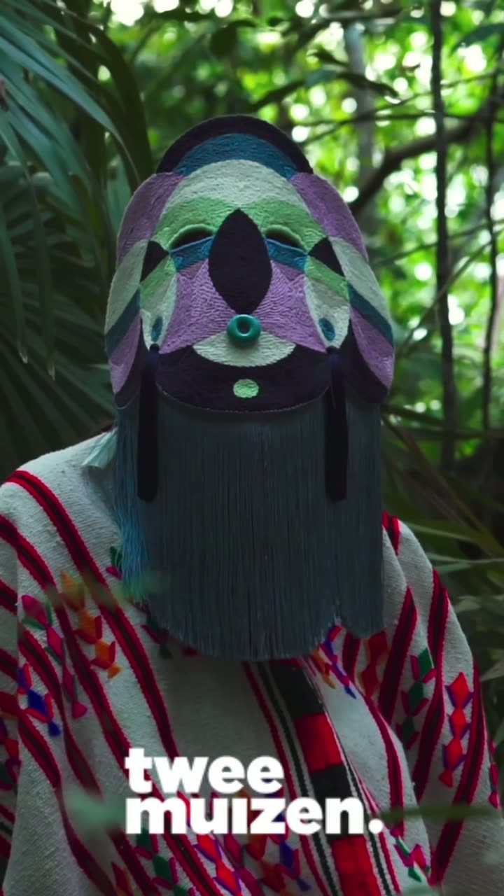 Figures in hand-woven ponchos and sculpted textile masks moving through the Tulum jungle
